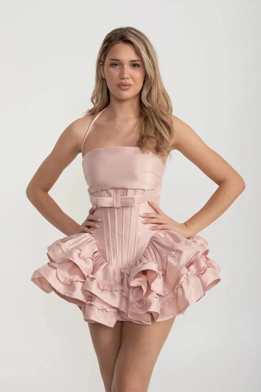 Corset Mini Dress with Layered Ruffle Skirt and Waist Bow – Pink – view 1