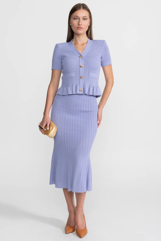 Ribbed Knit Peplum Top and Midi Skirt Co-ord with Gold Buttons – Lilac