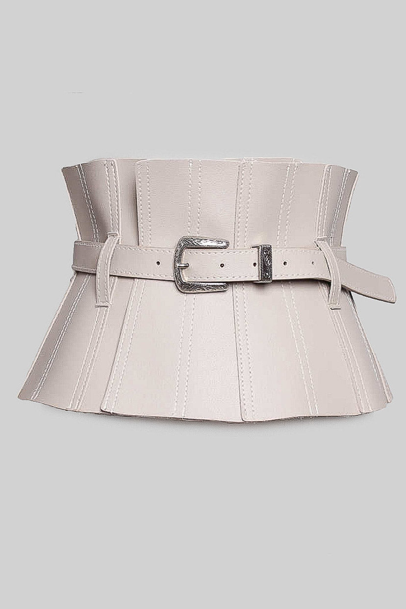 Wide Vegan Leather Adjustable Corset Belt with Silver Detail – Beige – view 2