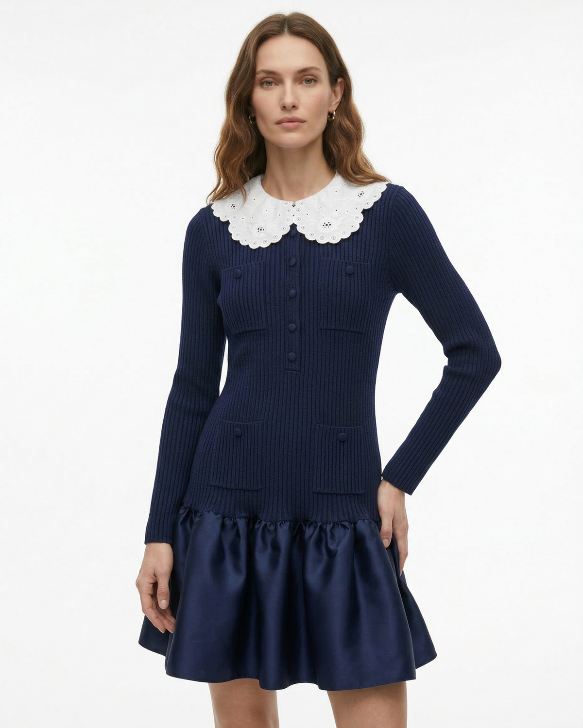Candie Embroidered Lapel Knit Dress with Ruffled Skirt – Dark Blue – view 2