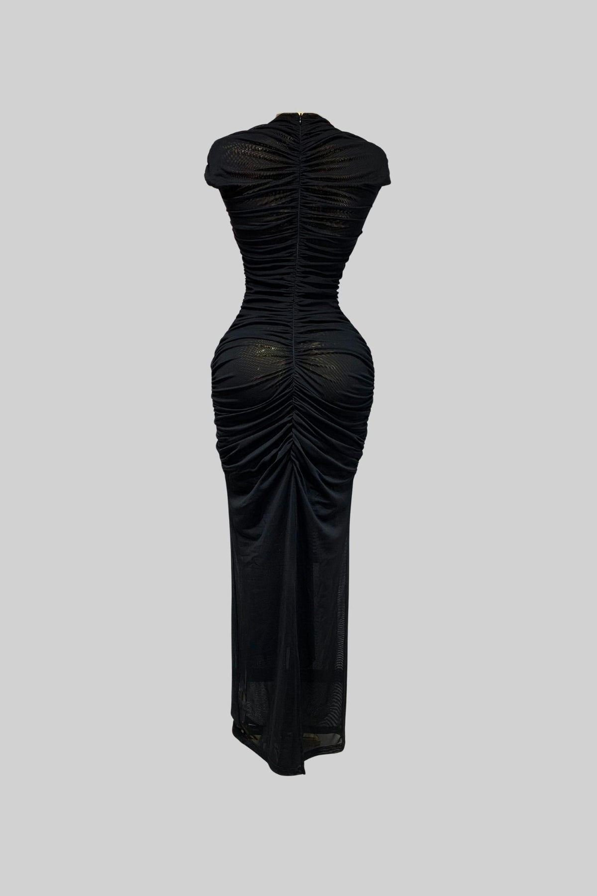Ruched Draped Cut-Out Gown with Stretch Mesh Overlay – Black – view 3