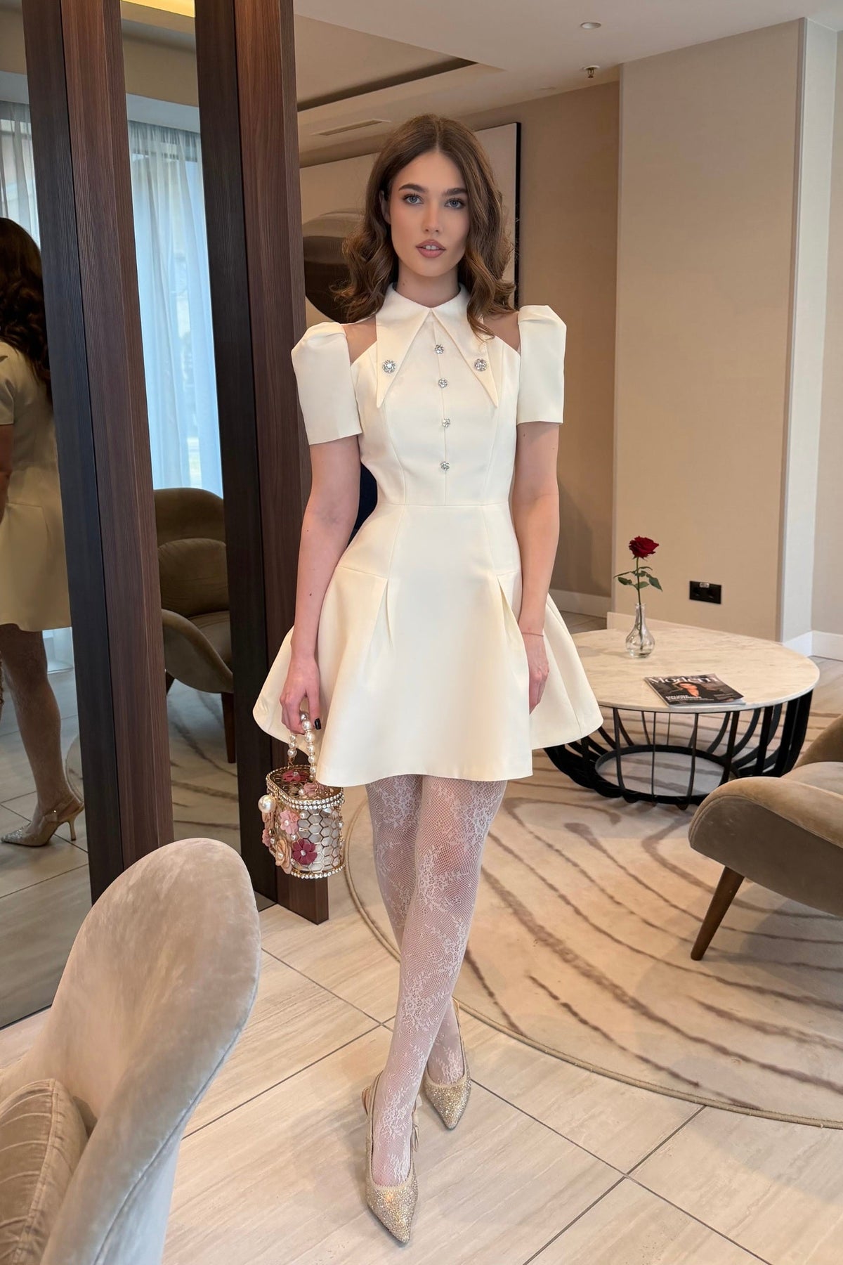 Doll Style V-Neck Mini Dress with Jewel Buttons and Flap Pockets – Ivory – view 3