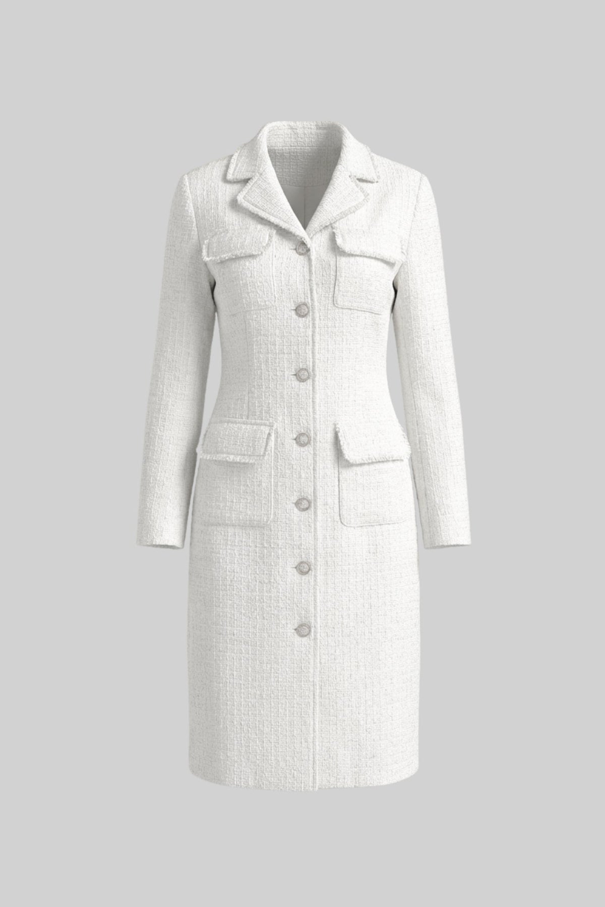 Bouclé Midi Coat with Notched Collar and Crest Buttons – White – view 2