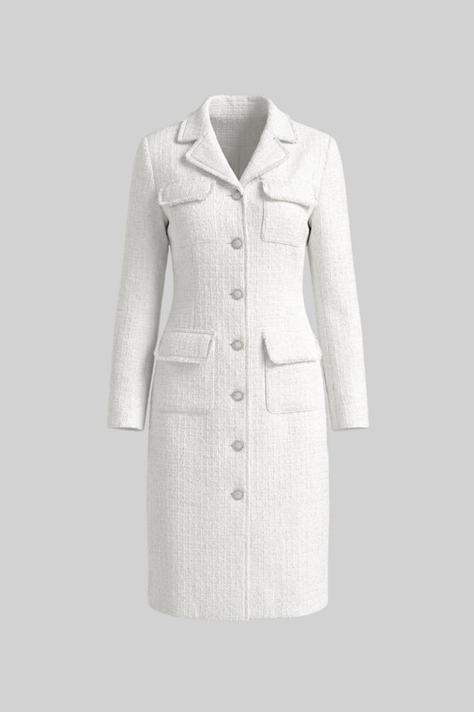 Bouclé Midi Coat with Notched Collar and Crest Buttons – White