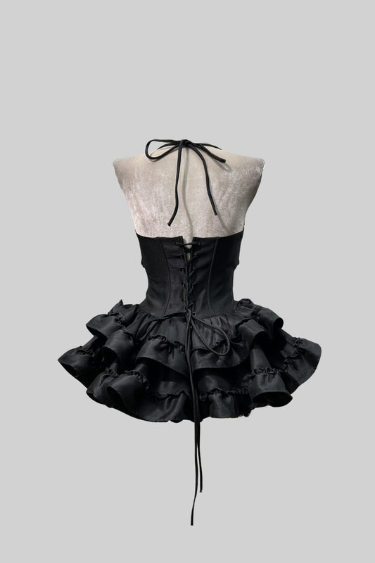 Sleeveless Corset-Style Mini Dress with Ruffled Flared Skirt – Black – view 2