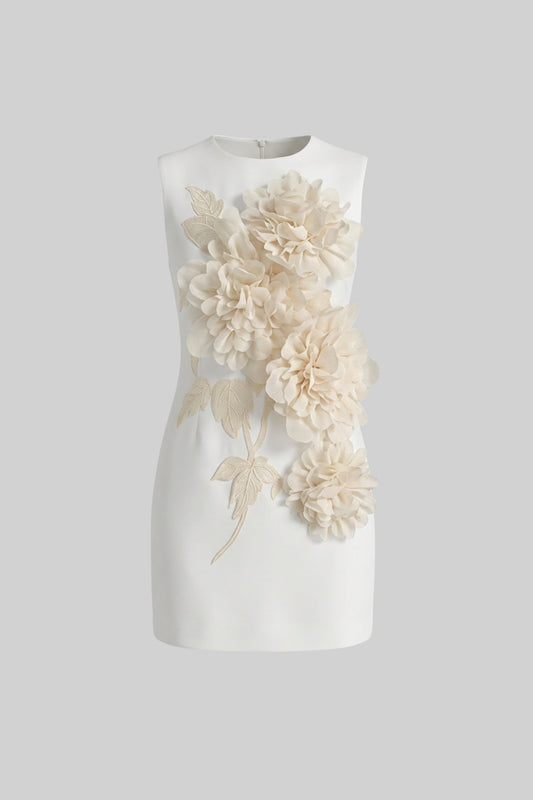 Sleeveless Round Neck Mini Dress with 3D Floral Appliqué – White