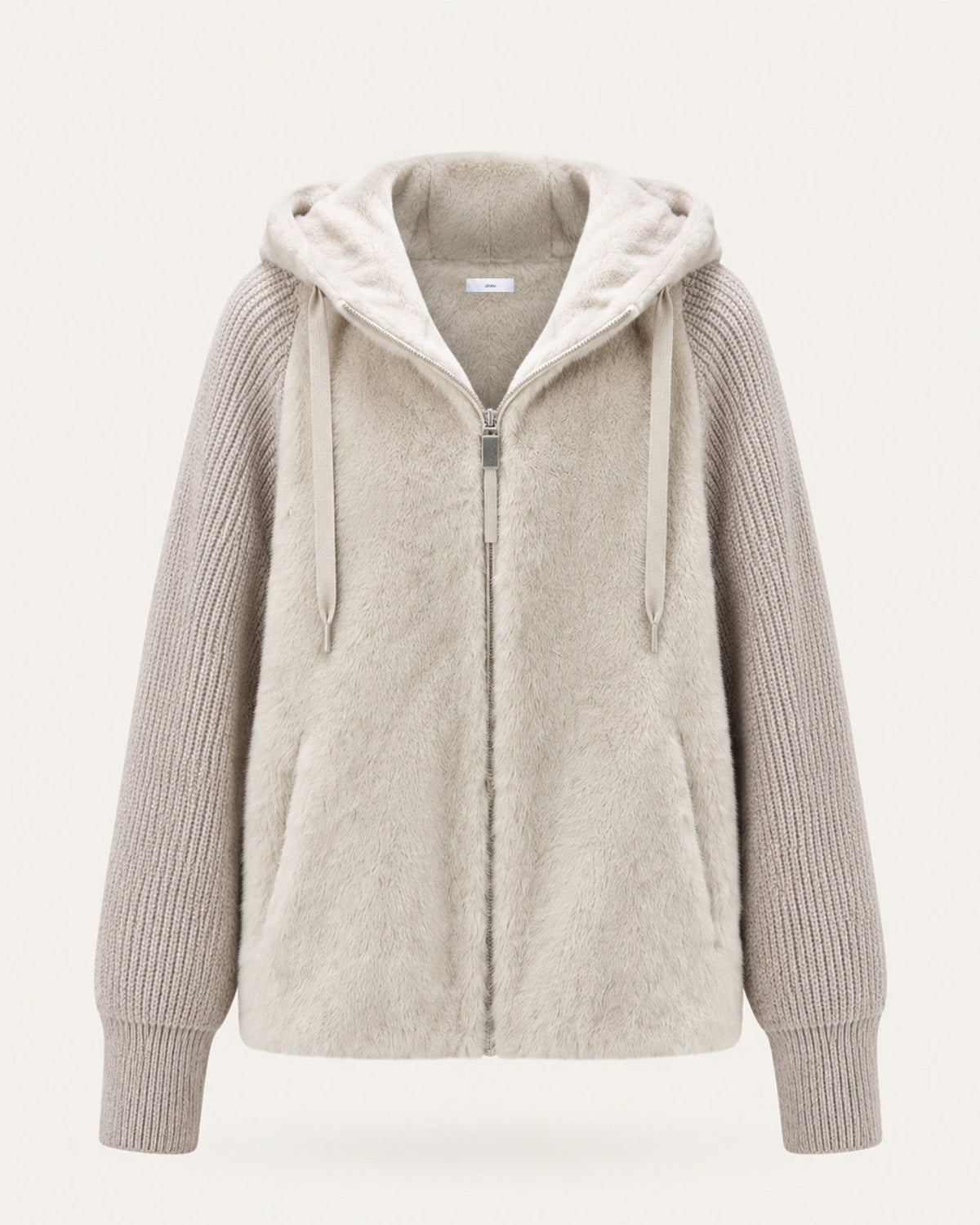Heavyweight Hooded Textured Knit Down Coat – Beige – view 1