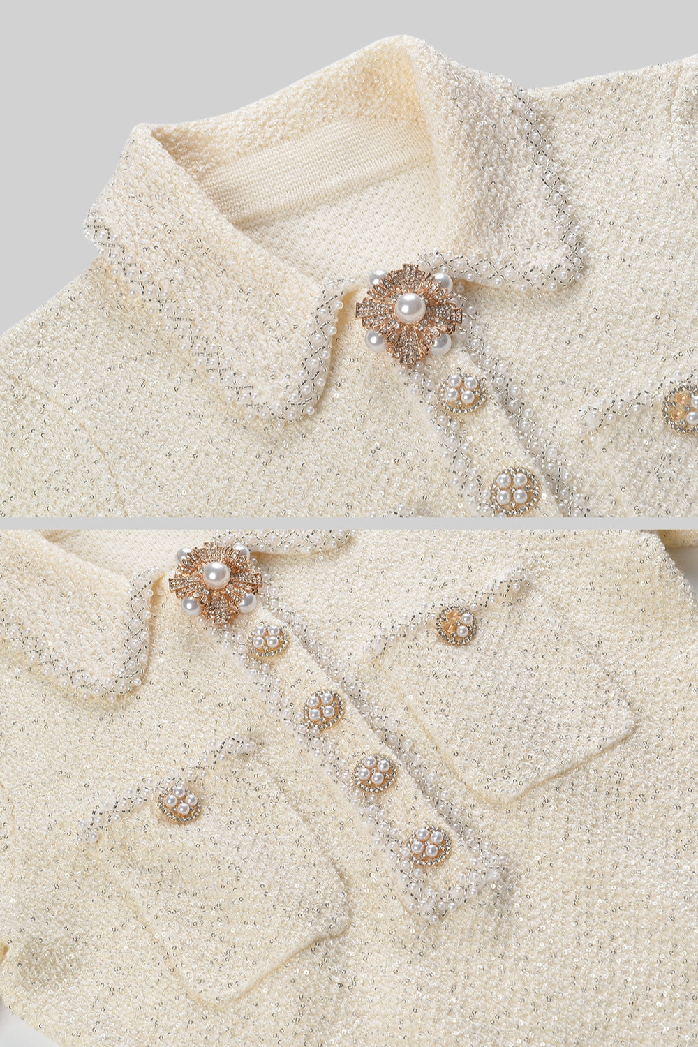 Long Sleeve Textured Knit Dress with Gold Flower Collar – Ivory – view 11