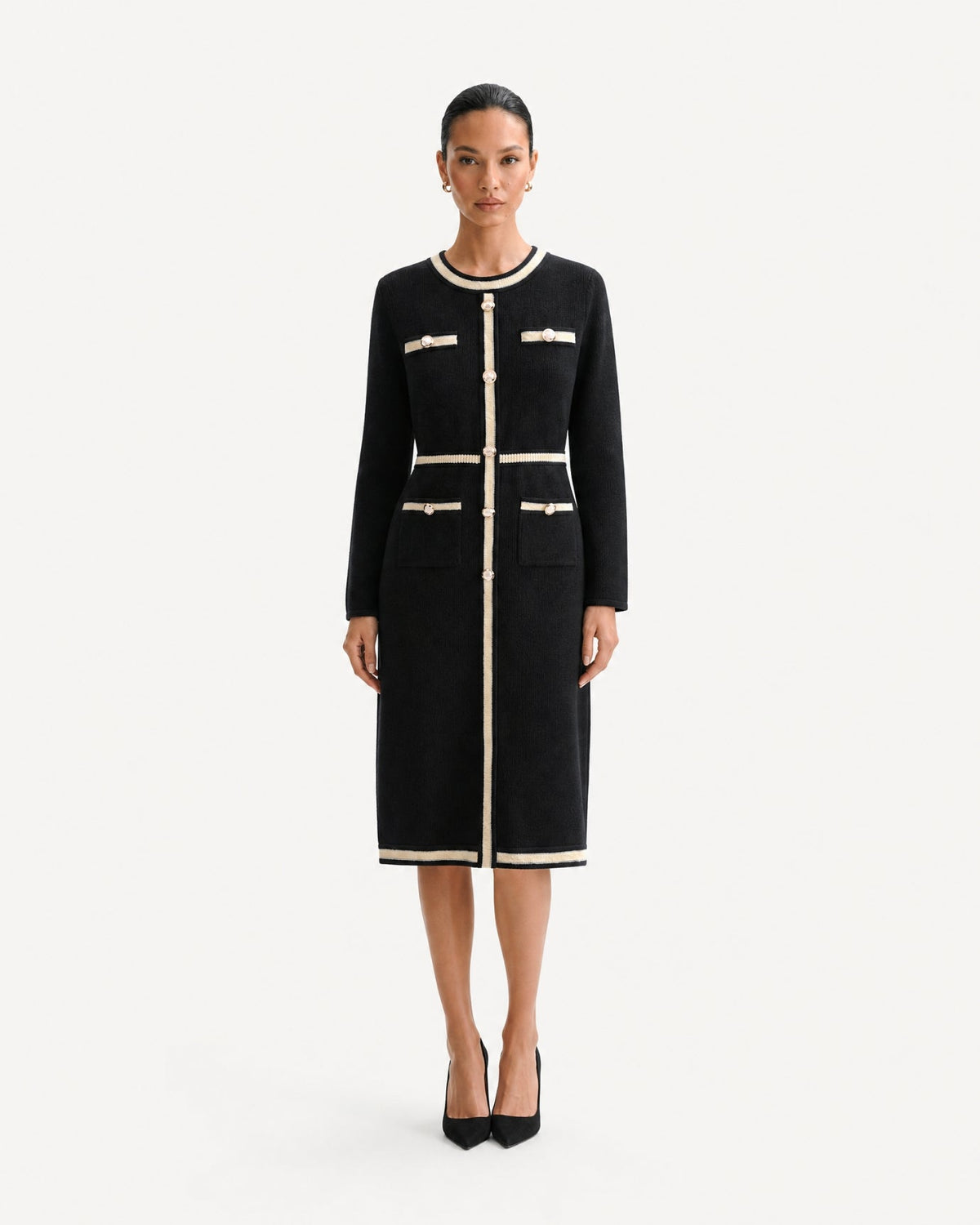 Round Neck Long Sleeve Jacquard Knit Maxi Dress – Black – view 2