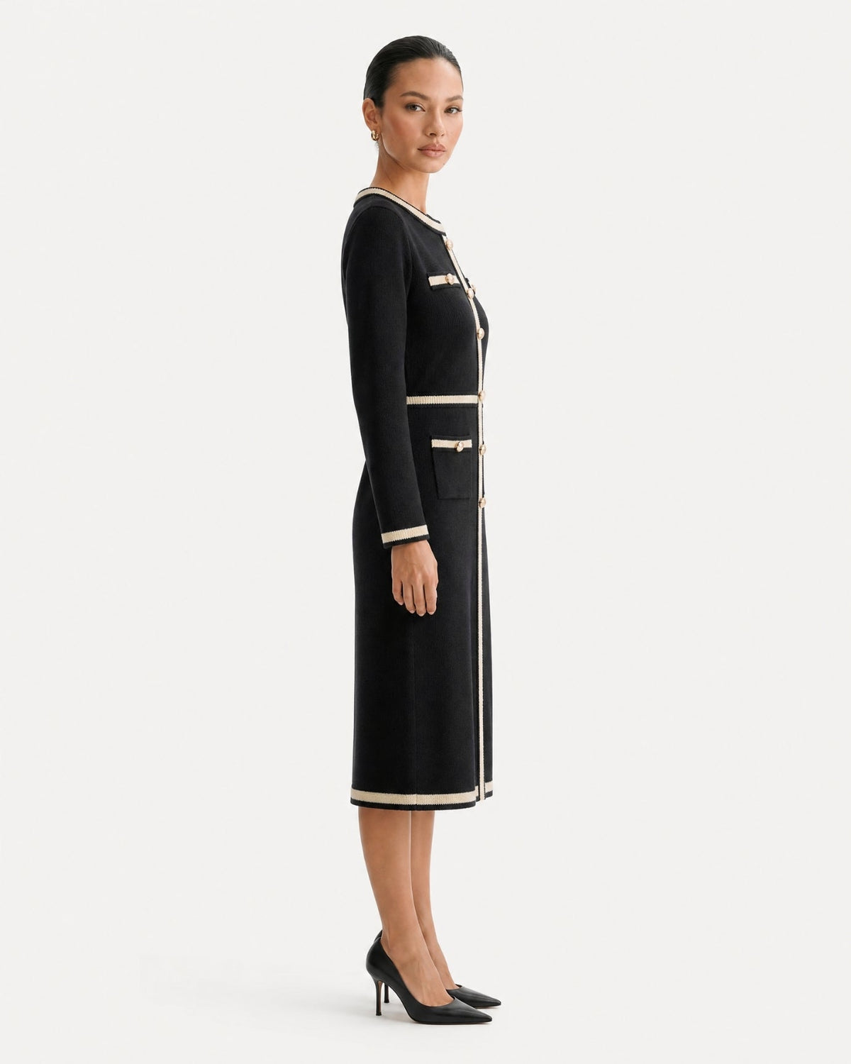 Round Neck Long Sleeve Jacquard Knit Maxi Dress – Black – view 3