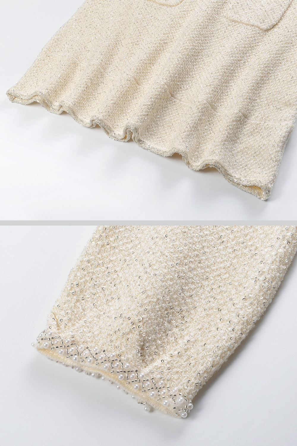 Long Sleeve Textured Knit Dress with Gold Flower Collar – Ivory – view 12
