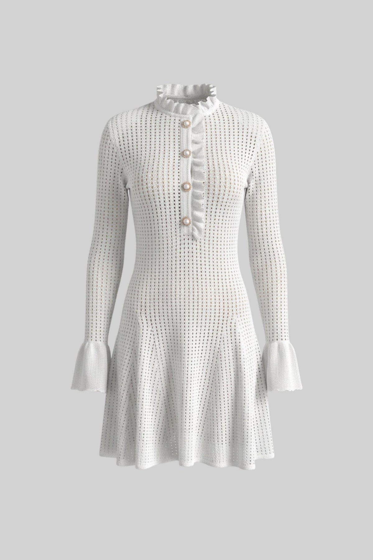Open-Knit Ruffle High Neck Mini Dress with Pearl Button Placket – White – view 8