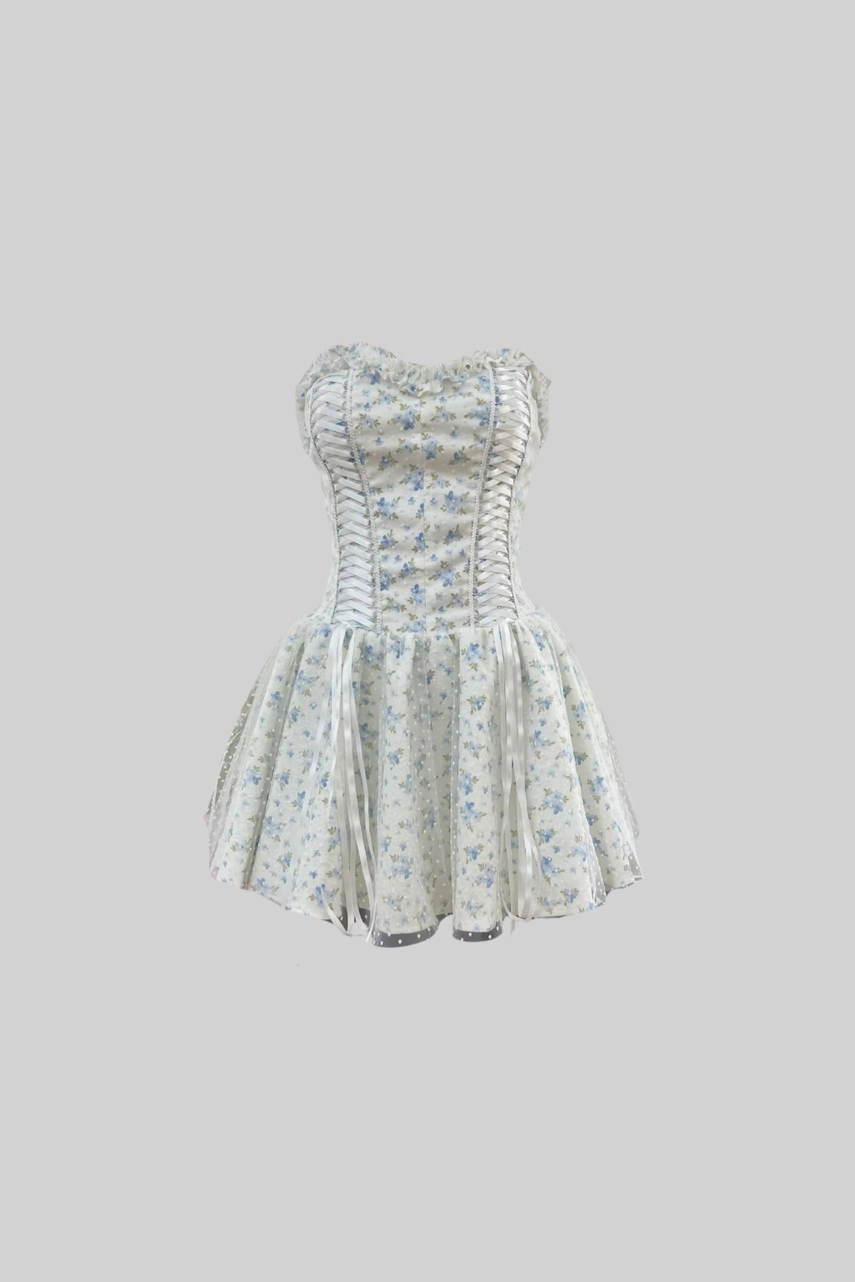 Strapless Sweetheart Corset Mini Dress in Floral Print – White/Blue