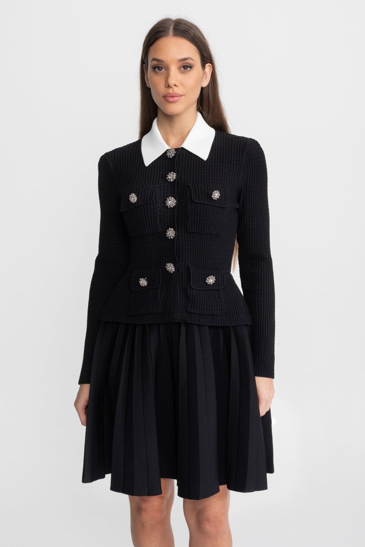 Ribbed Knit Mini Dress with Contrast Collar and Crystal Buttons – Black – view 1