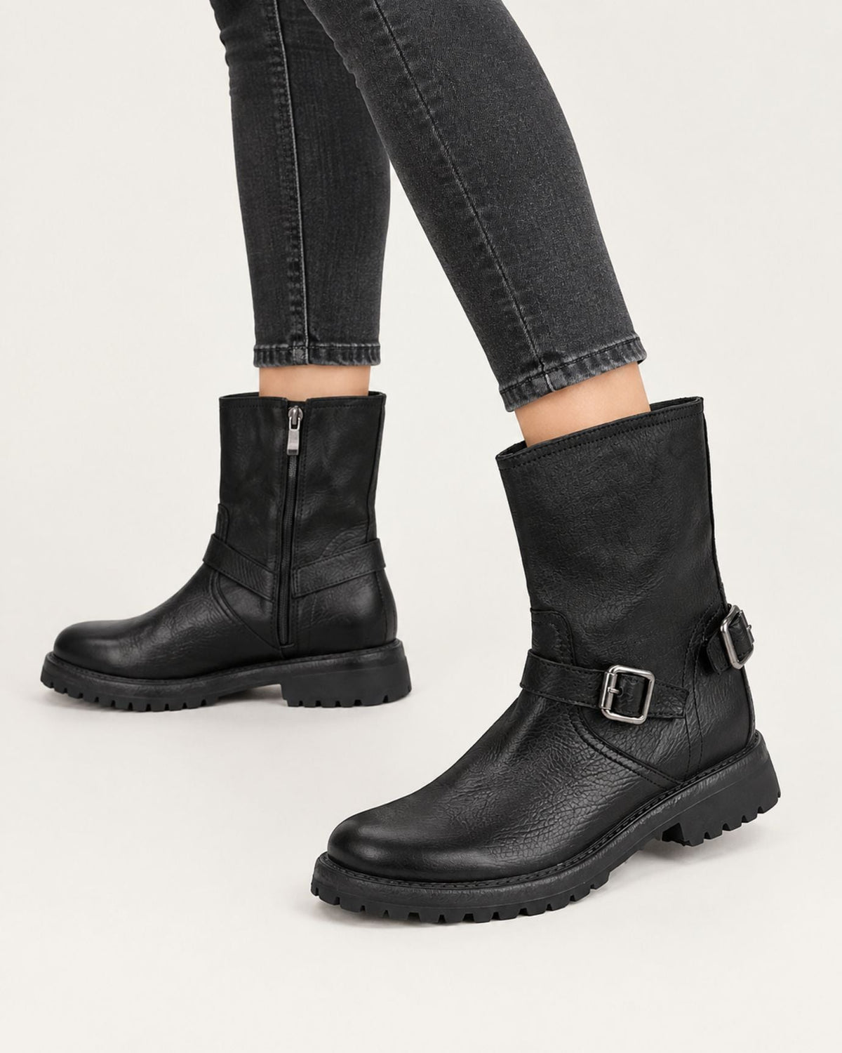 Retro Distressed Full-Grain Leather Half-Zip Biker Boots – view 8