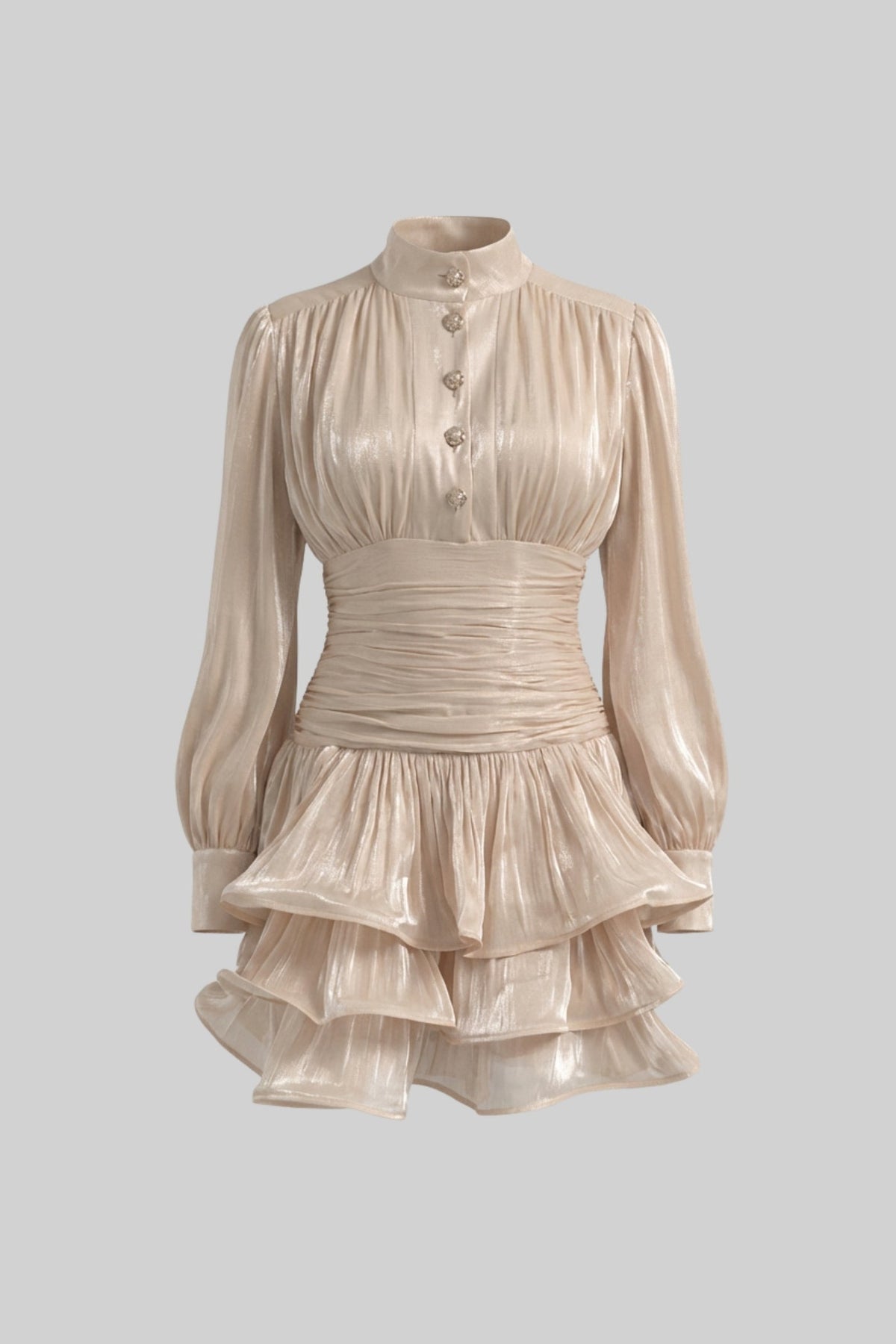 Stand Collar Balloon Sleeve Mini Dress with Tiered Ruffle Skirt – Champagne – view 6