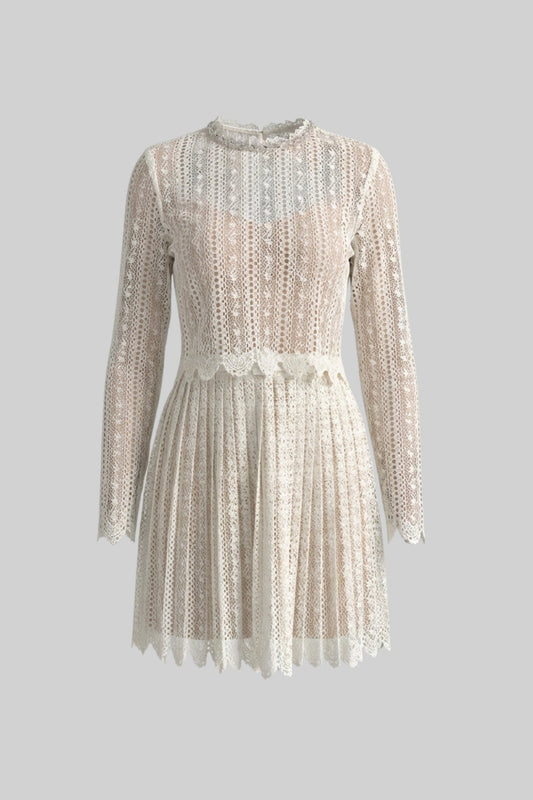 Lace High Neck Long Sleeve Mini Dress with Pleated Skirt – Ivory