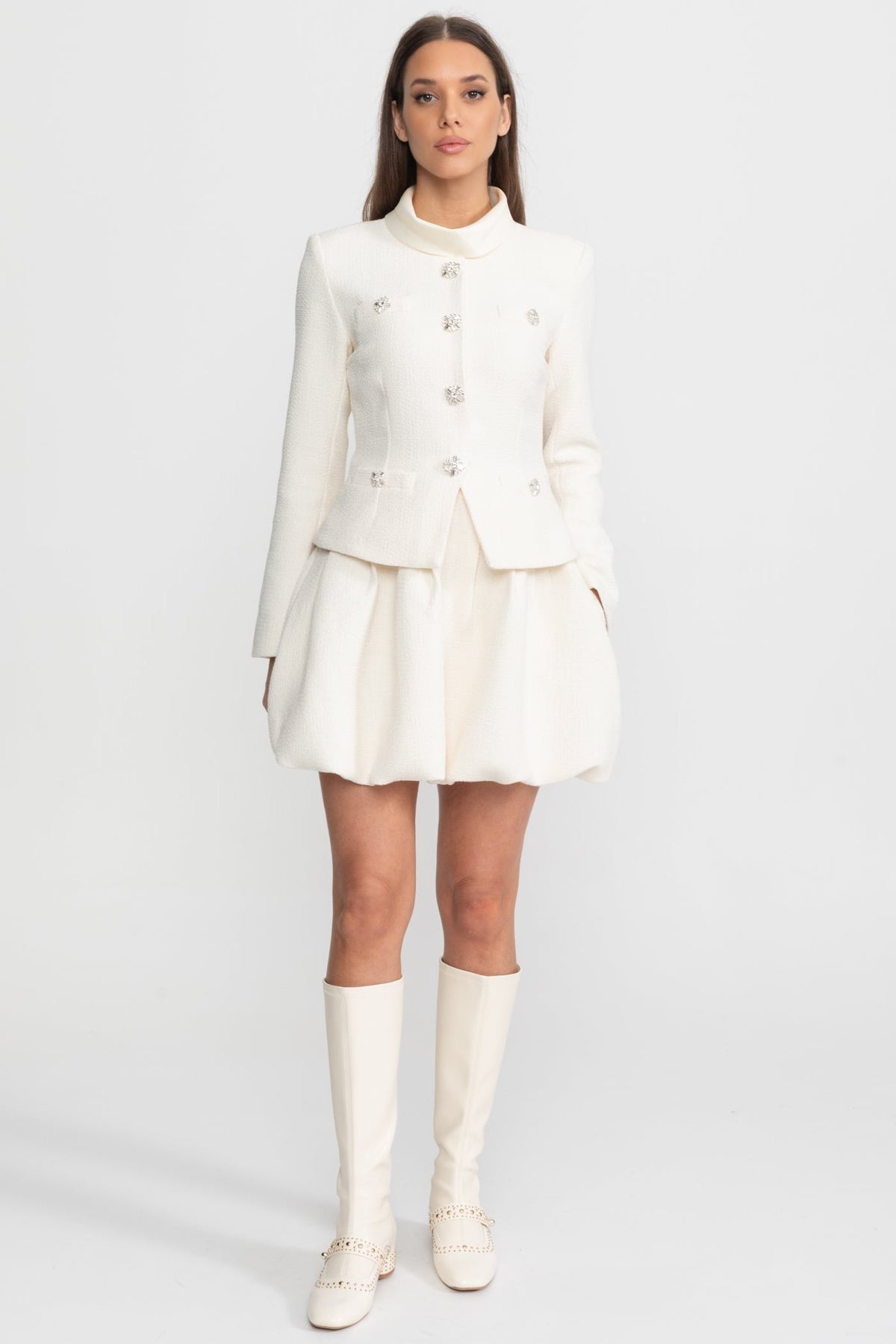 High Neck Long Sleeve Textured Mini Dress with Crystal Buttons – Ivory – view 1