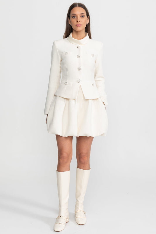 High Neck Long Sleeve Textured Mini Dress with Crystal Buttons – Ivory