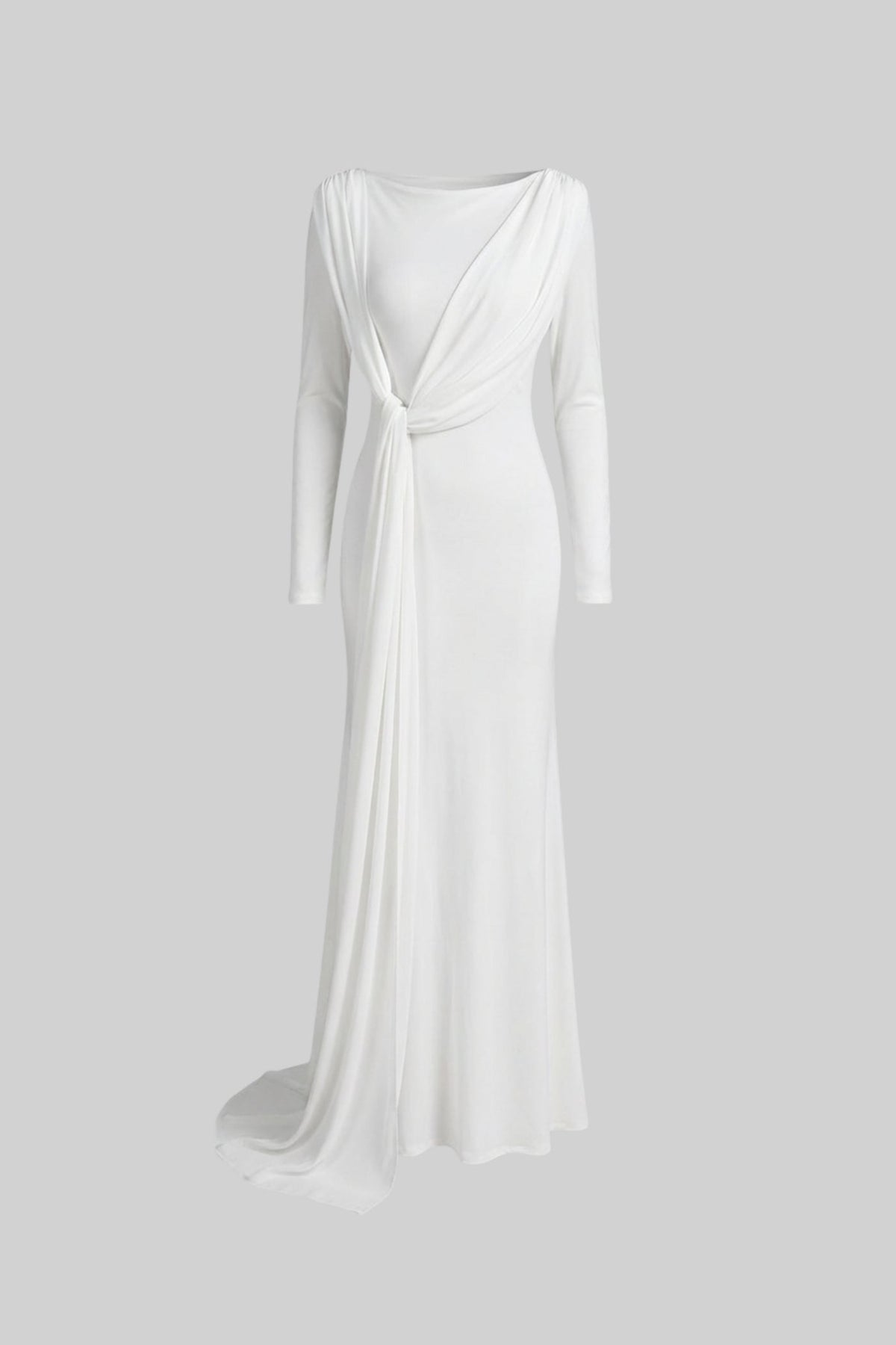 Bateau Neck Long Sleeve Jersey Maxi Dress with Cape Overlay – White – view 2