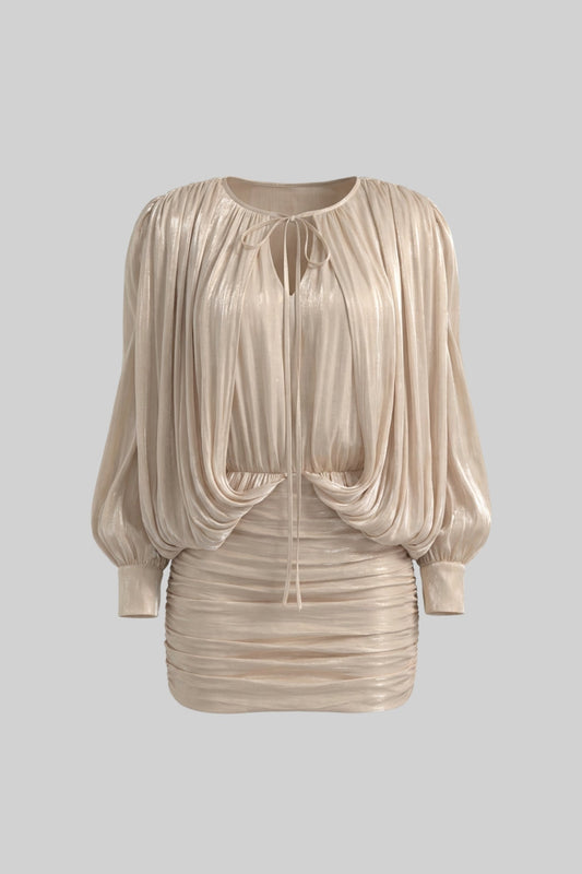 Draped Tie Neck Batwing Sleeve Mini Dress – Champagne – view 2