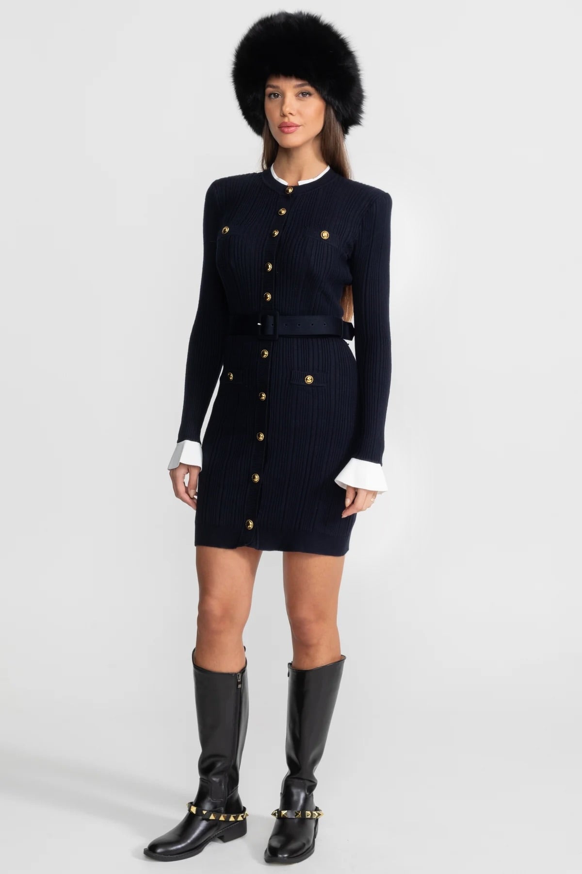 Ribbed Knit Long Sleeve Belted Mini Dress with Gold Buttons – Dark Blue – view 3