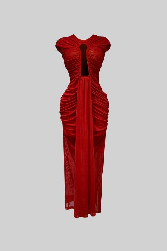 Floor Length Draped Cut-Out Gown with Gathered Detail – Red – view 2