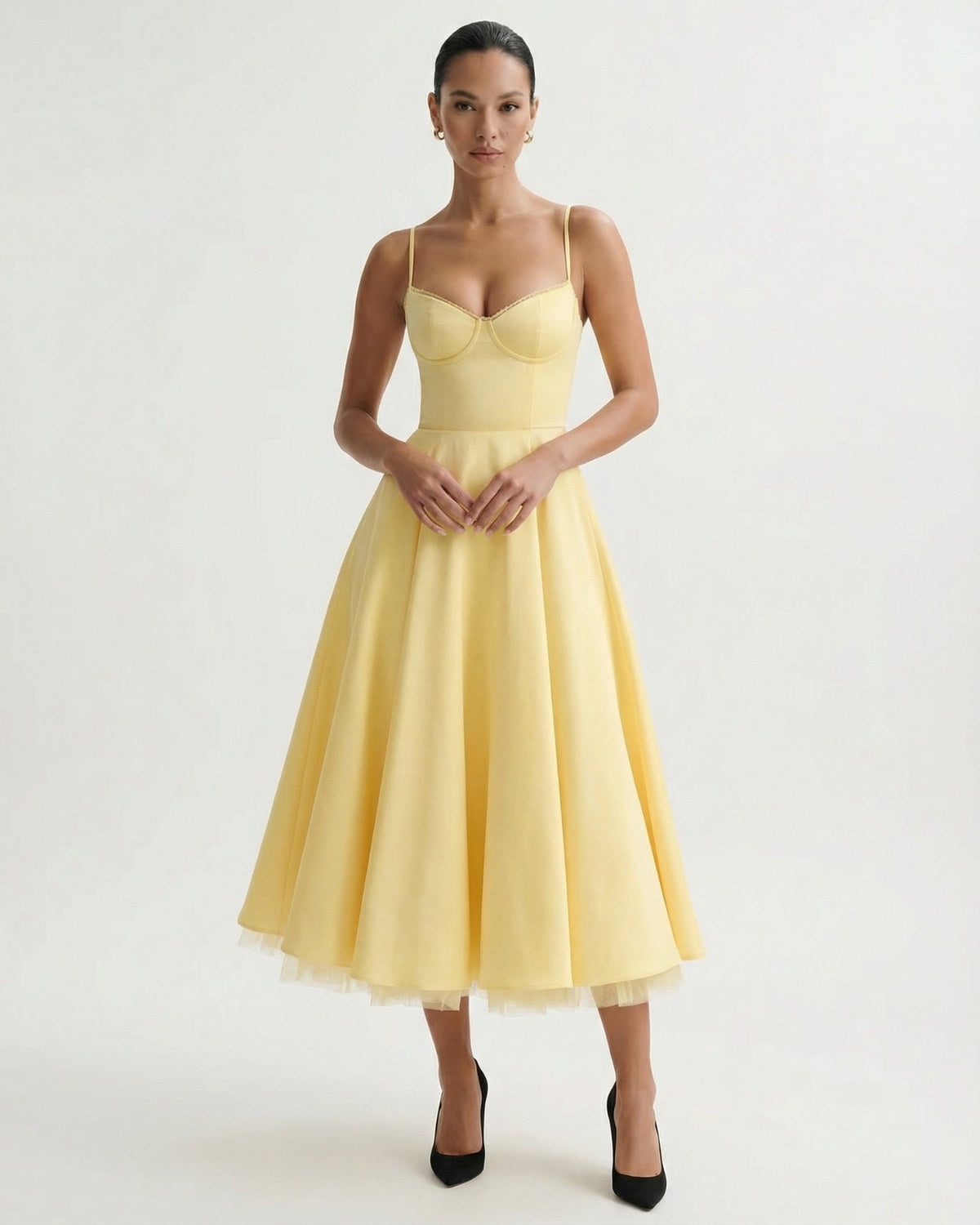 Giulia Duchess Satin Midi Dress with Tulle Underskirt – Yellow – view 2