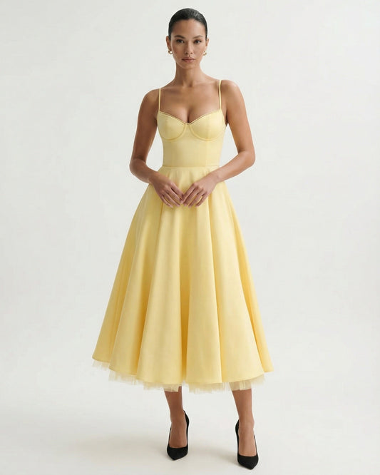 Giulia Duchess Satin Midi Dress with Tulle Underskirt – Yellow