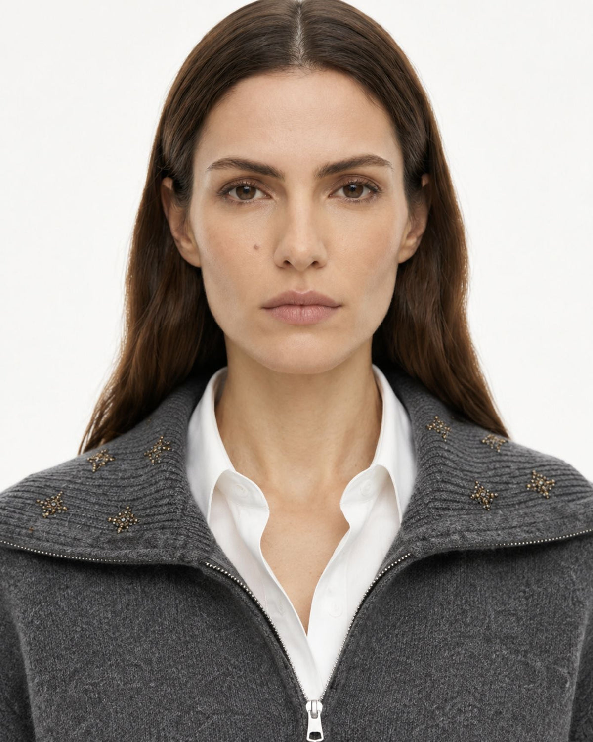 Lina Beaded and Embroidered Cashmere Zip Cardigan with Lapel Collar – view 13