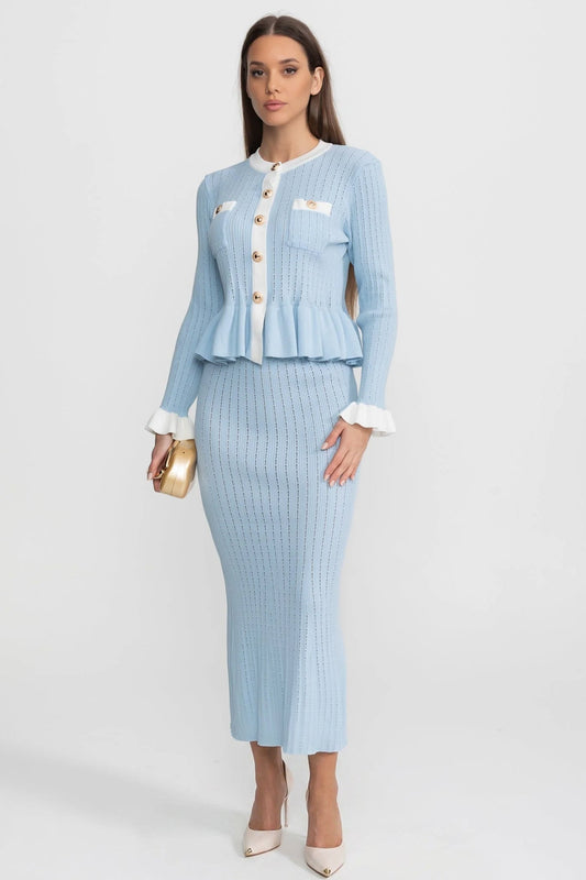 Pointelle Knit Peplum Top and Midi Skirt Set with Contrast Trim – Baby Blue