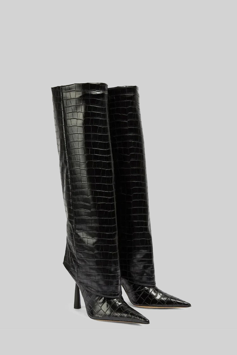 Alligator Pattern Pointed Knee-High Boots with Slim Heel – Black – view 3