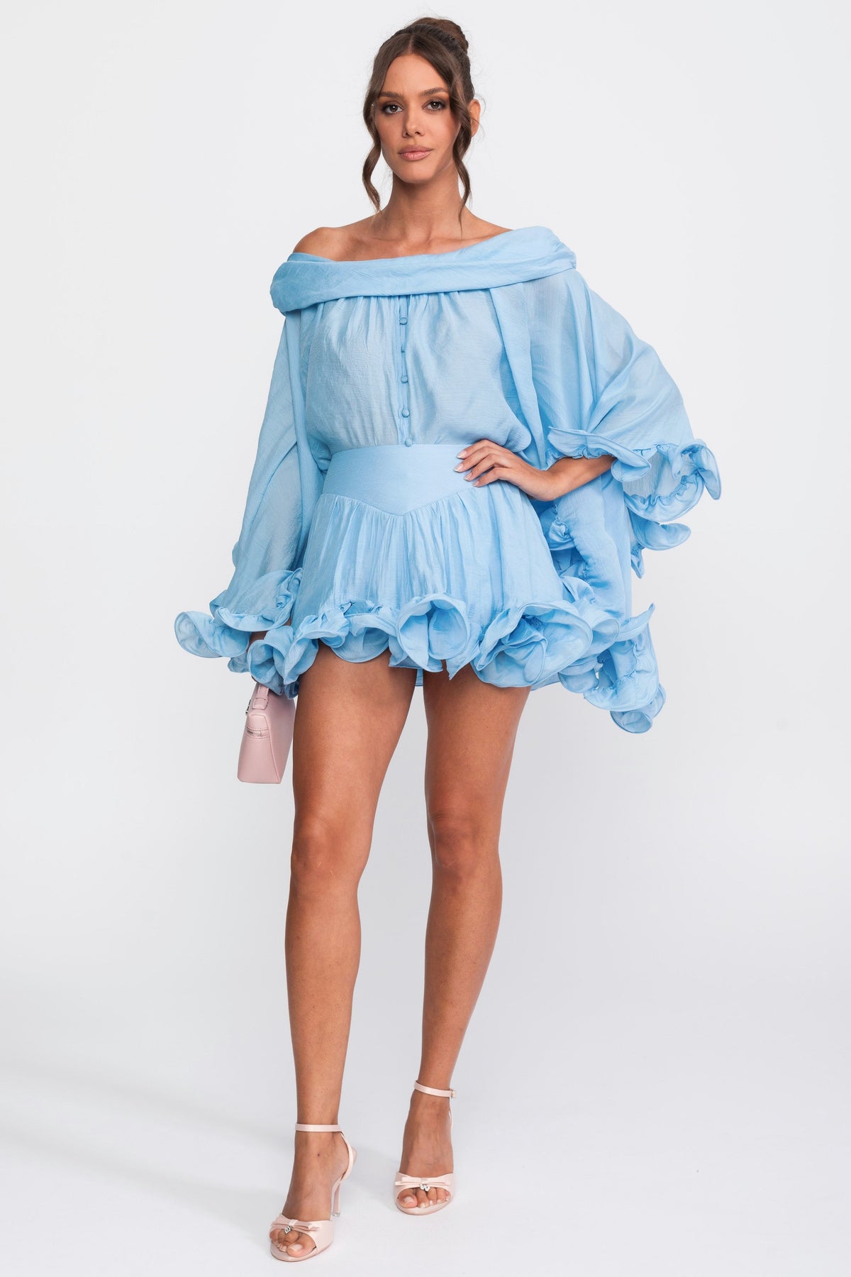 Off-Shoulder Balloon Sleeve Shirt and Mini Skort Co-ord Set – Light Blue – view 4