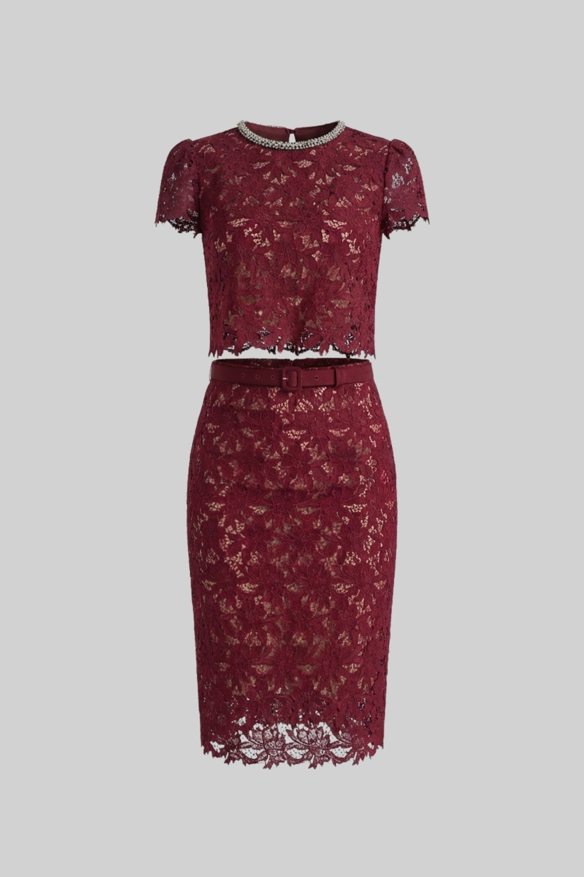 Floral Lace Short Sleeve Top and Midi Skirt Set with Crystal Neckline – Burgundy – view 2