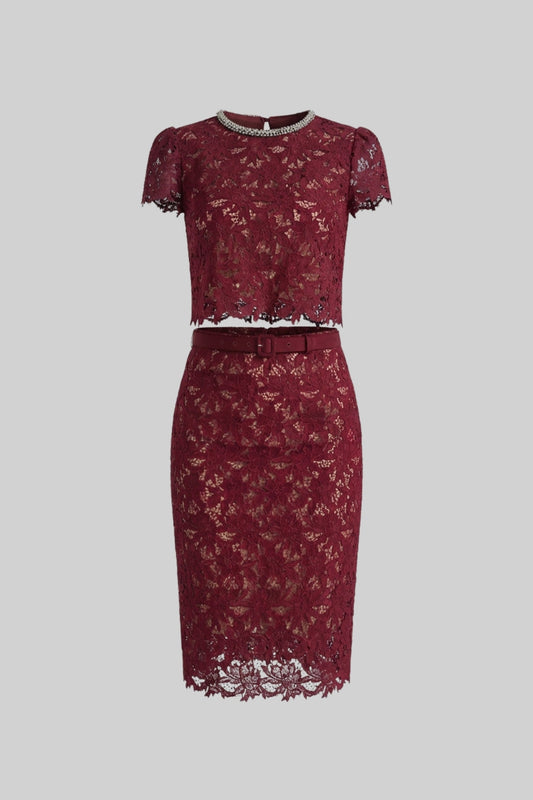 Floral Lace Short Sleeve Top and Midi Skirt Set with Crystal Neckline – Burgundy – view 2