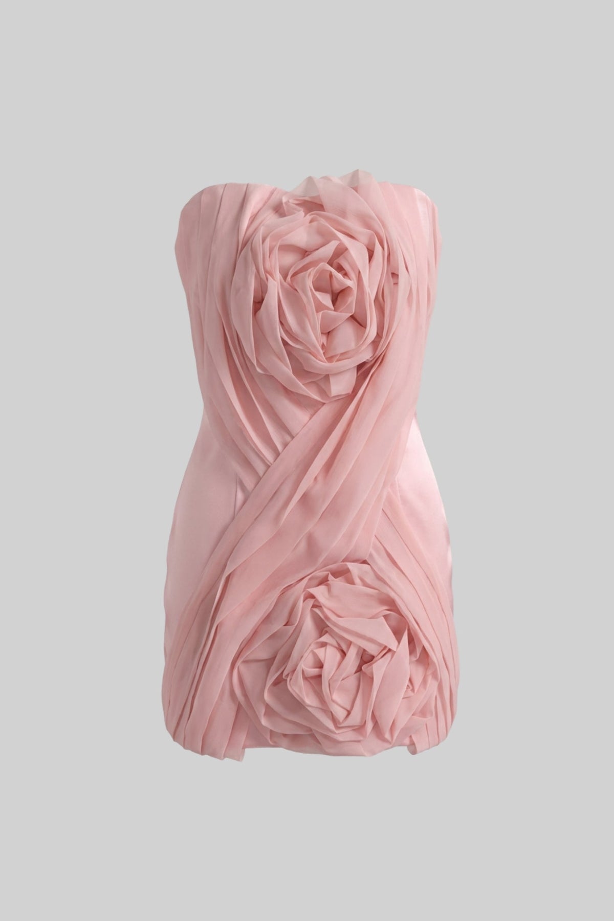 Strapless Bandeau Mini Dress with Draped Bodice and 3D Roses – Blush Pink – view 2