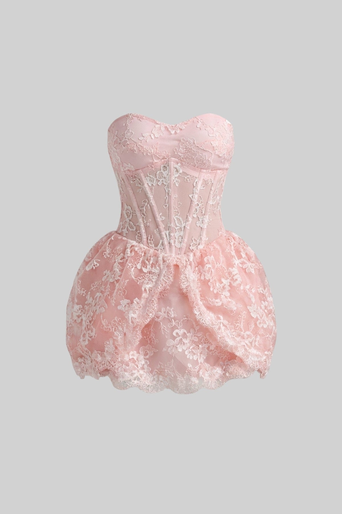 Strapless Lace Corset Mini Dress with Bubble Hem Skirt – Blush Pink – view 2