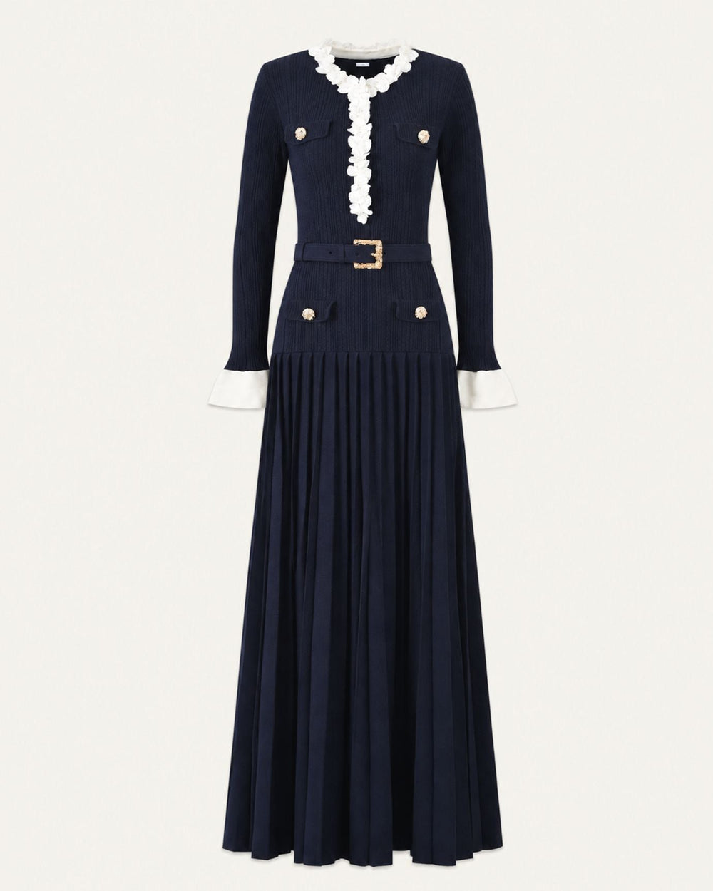 Long Sleeve Fitted Knit Midi Dress with Floral Trim and Belt – Navy Blue