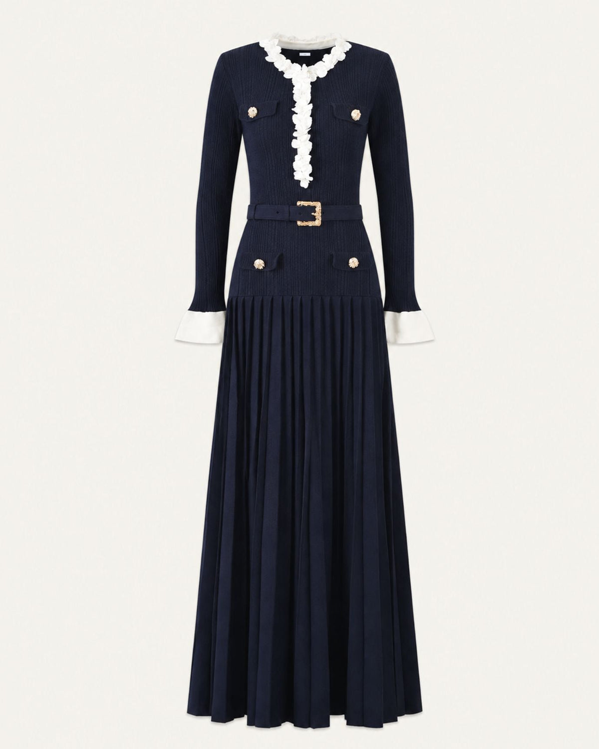 Long Sleeve Fitted Knit Midi Dress with Floral Trim and Belt – Navy Blue – view 1
