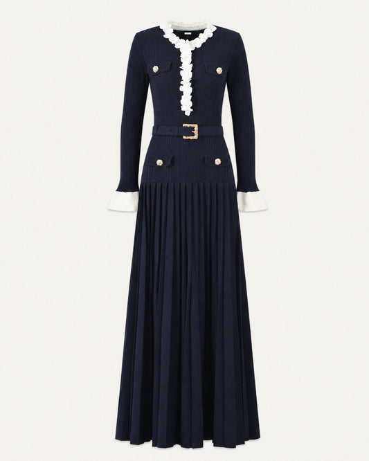 Long Sleeve Fitted Knit Midi Dress with Floral Trim and Belt – Navy Blue