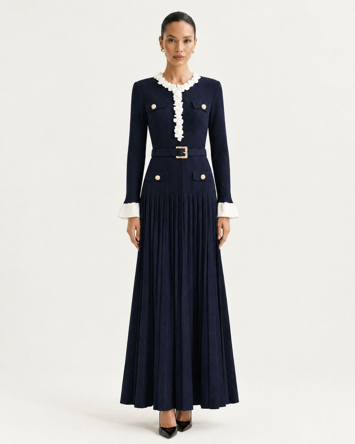 Long Sleeve Fitted Knit Midi Dress with Floral Trim and Belt – Navy Blue – view 2