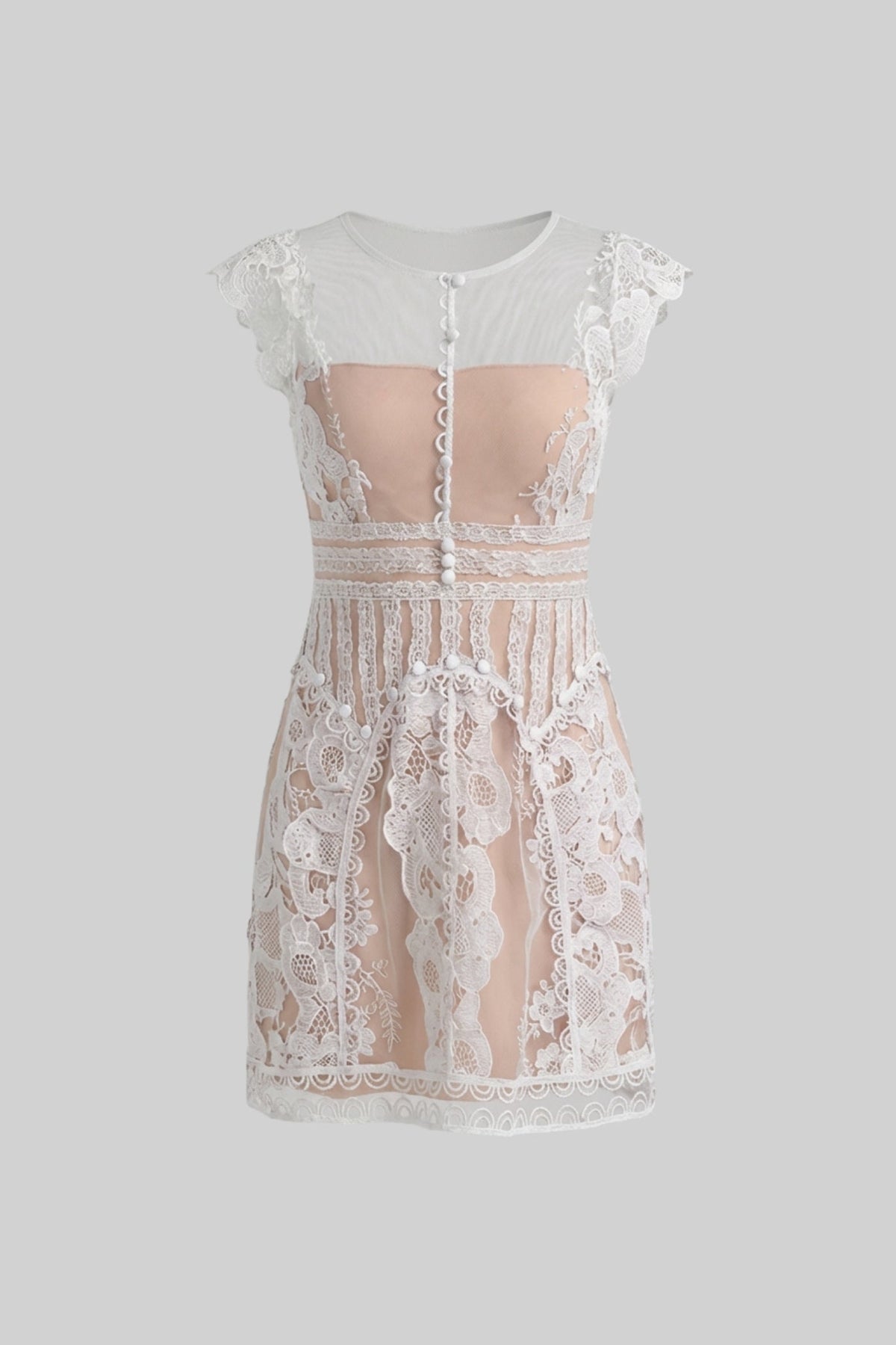 Lace Cap Sleeve Mini Dress with Sheer Yoke and Pearl Buttons – Ivory – view 2