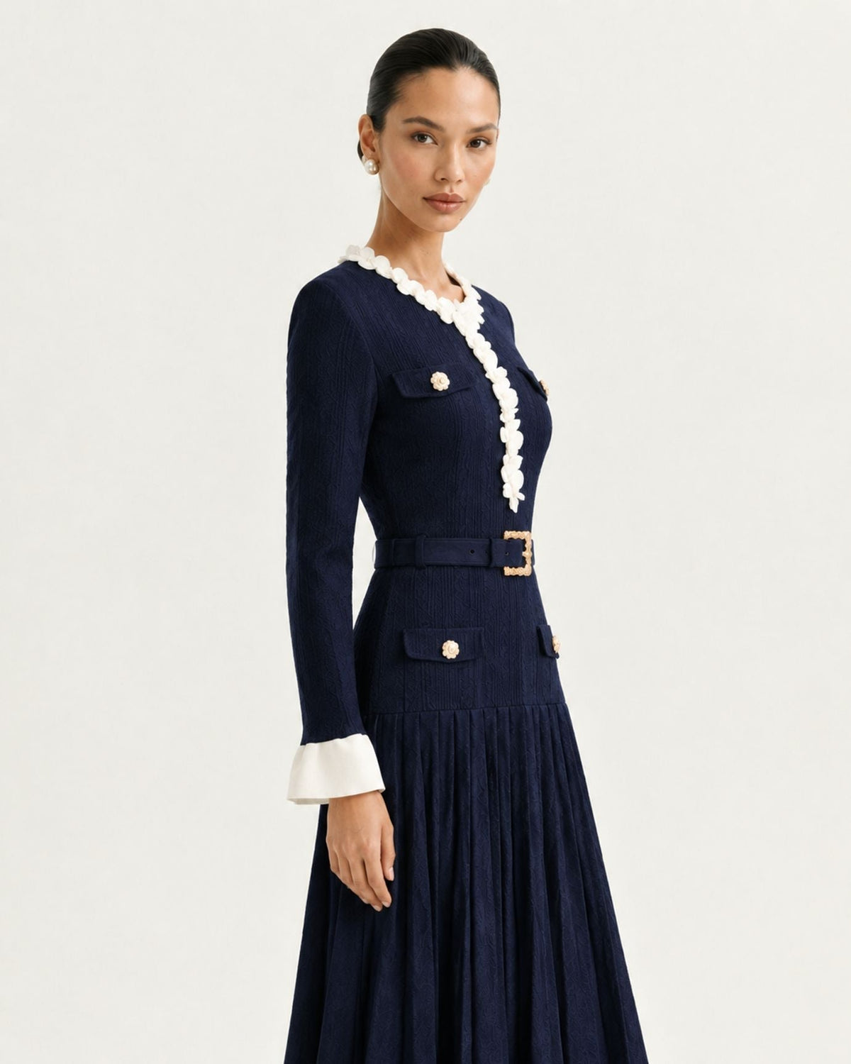 Long Sleeve Fitted Knit Midi Dress with Floral Trim and Belt – Navy Blue – view 3