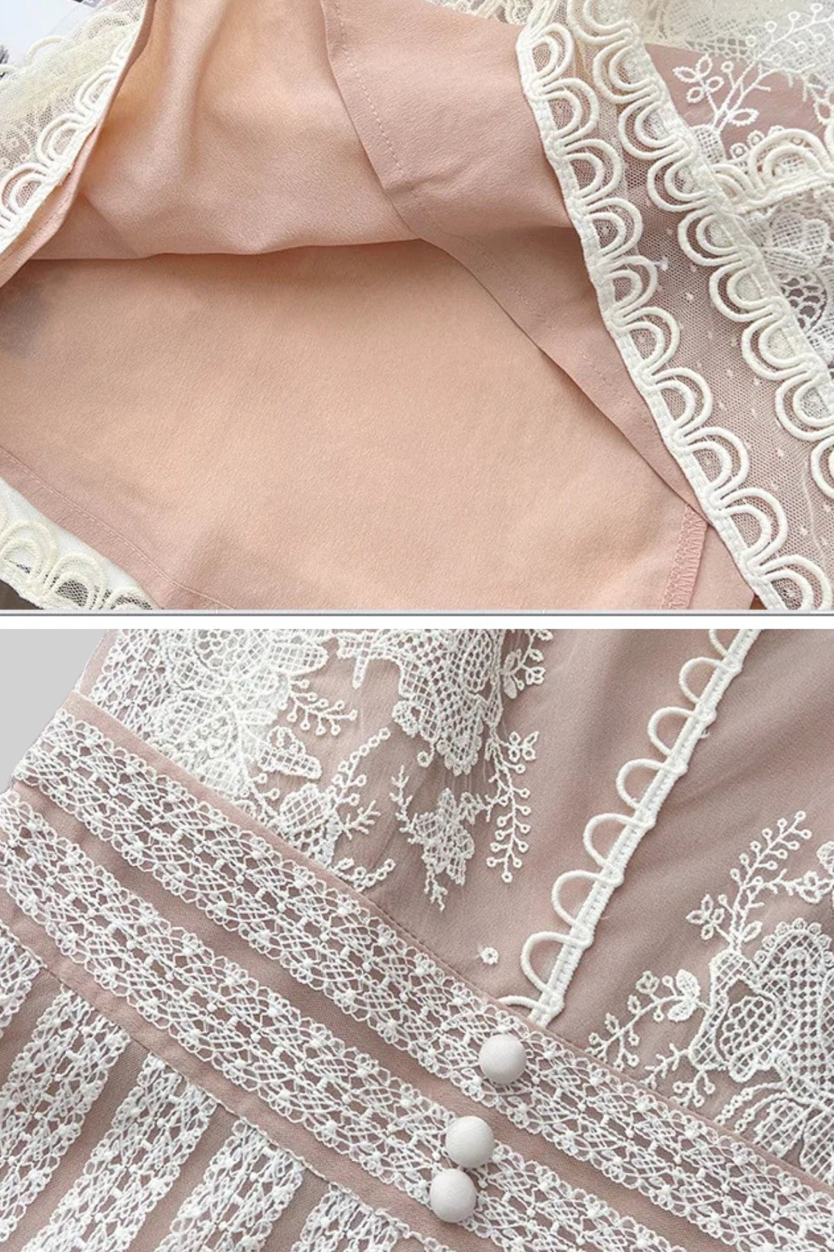 Lace Cap Sleeve Mini Dress with Sheer Yoke and Pearl Buttons – Ivory – view 8