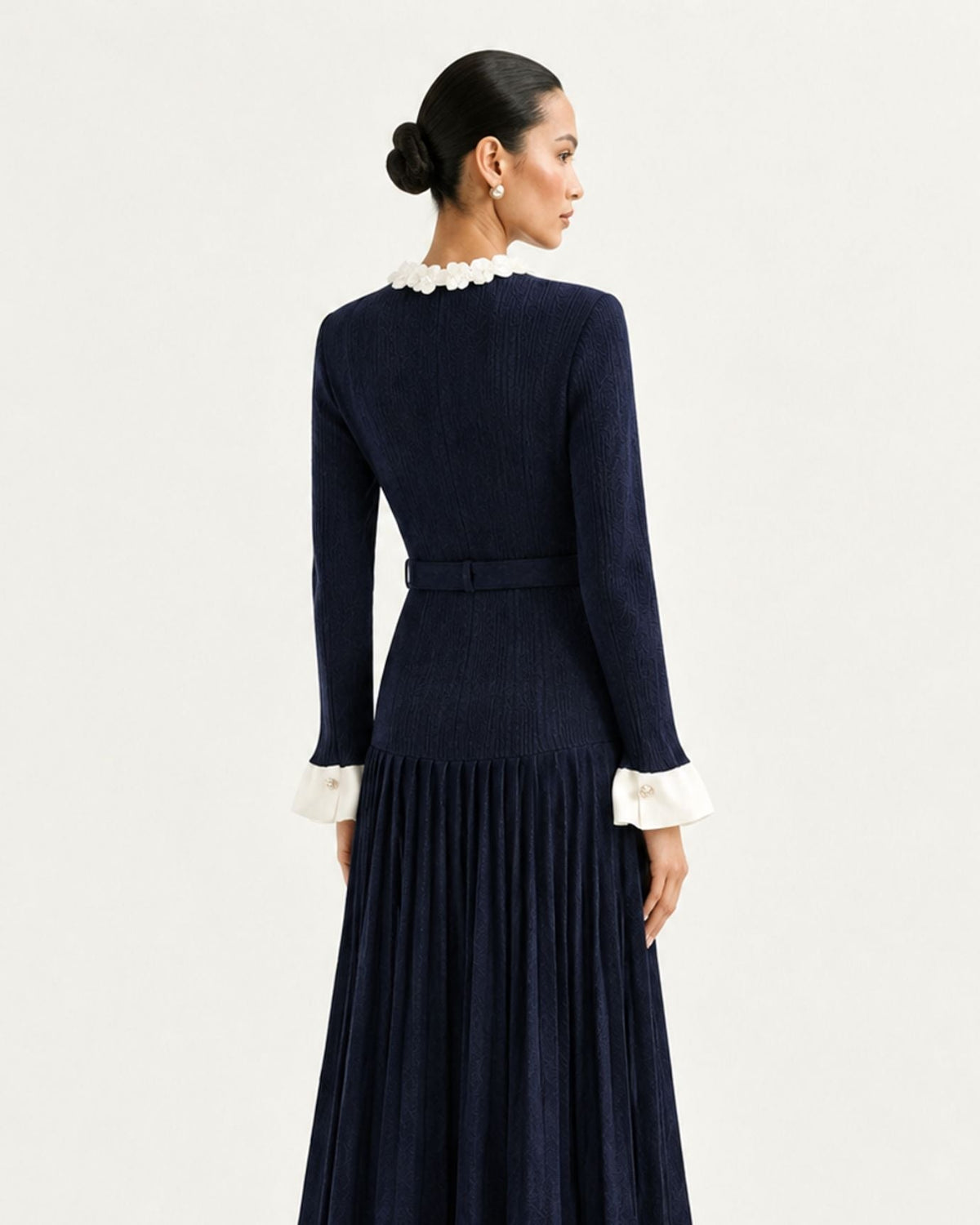 Long Sleeve Fitted Knit Midi Dress with Floral Trim and Belt – Navy Blue – view 4