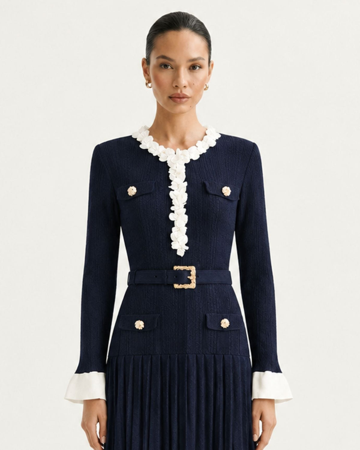 Long Sleeve Fitted Knit Midi Dress with Floral Trim and Belt – Navy Blue – view 5