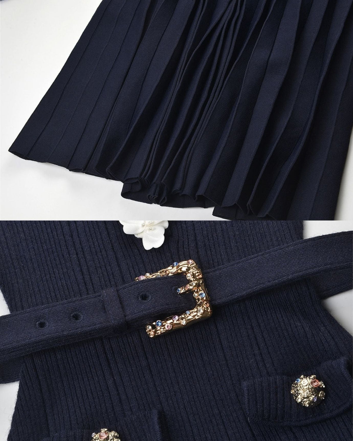Long Sleeve Fitted Knit Midi Dress with Floral Trim and Belt – Navy Blue – view 6