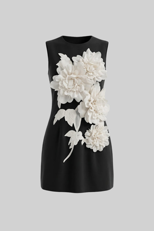 Round Neck 3D Floral Appliqué Mini Dress with Wide Straps – Black