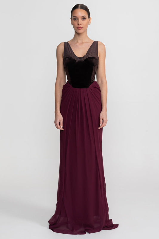 Velvet Corset Bodice Maxi Dress with Flowing Chiffon Skirt – Burgundy