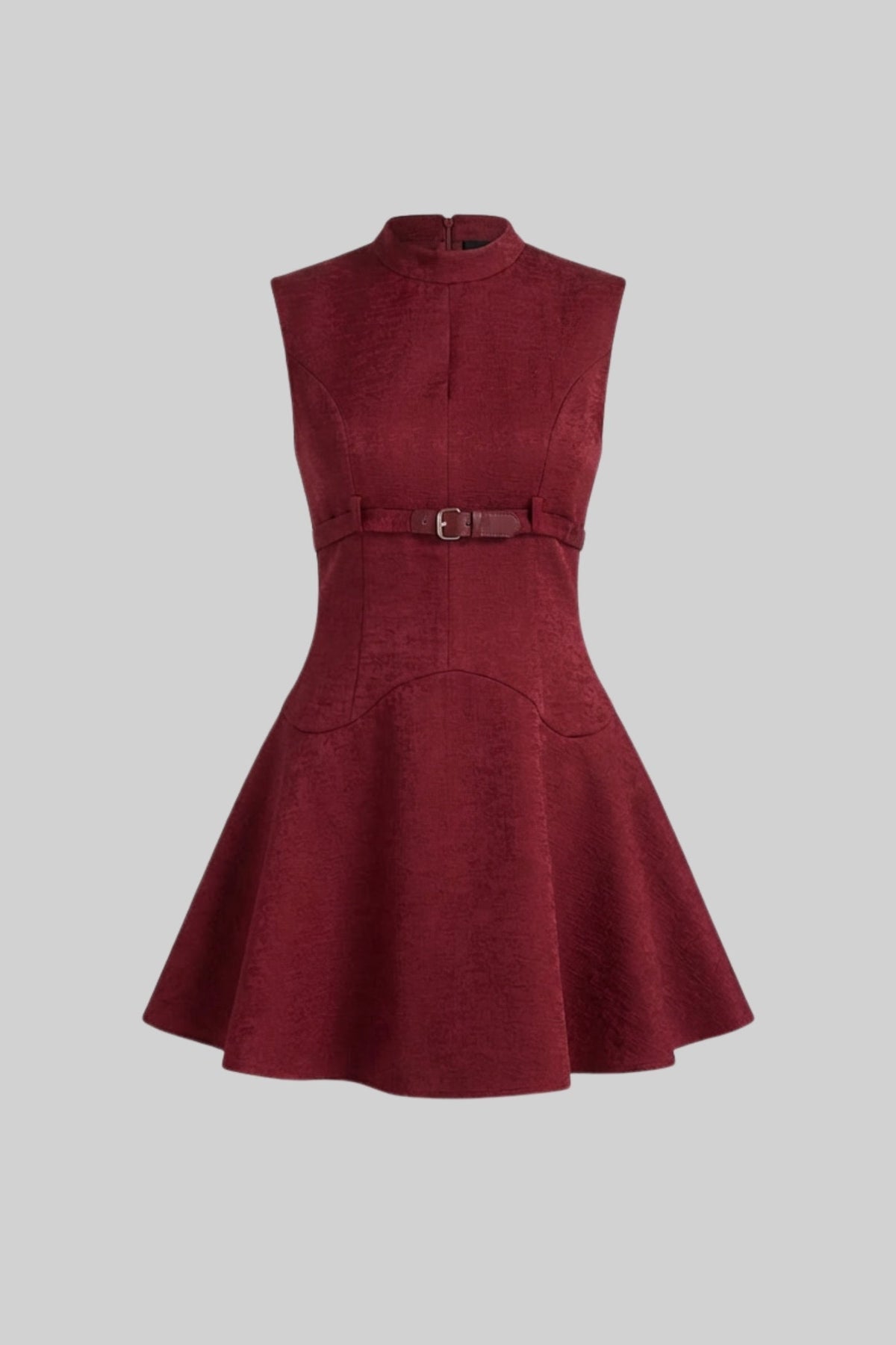 Velour-Effect High Neck Belted Fit and Flare Mini Dress – Burgundy – view 2